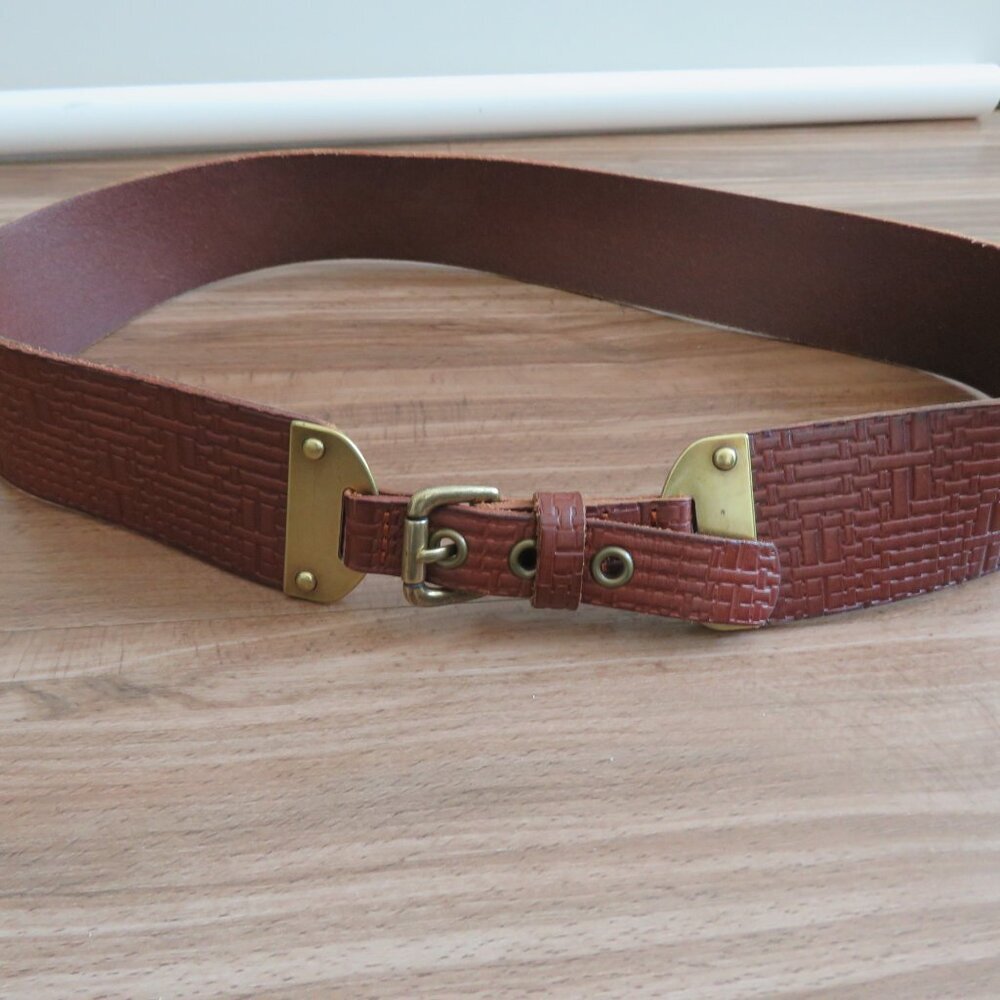 FOSSIL Textured Cognac Chunky Belt Brown Leather Large Y2K Festival Western - Picture 2 of 10
